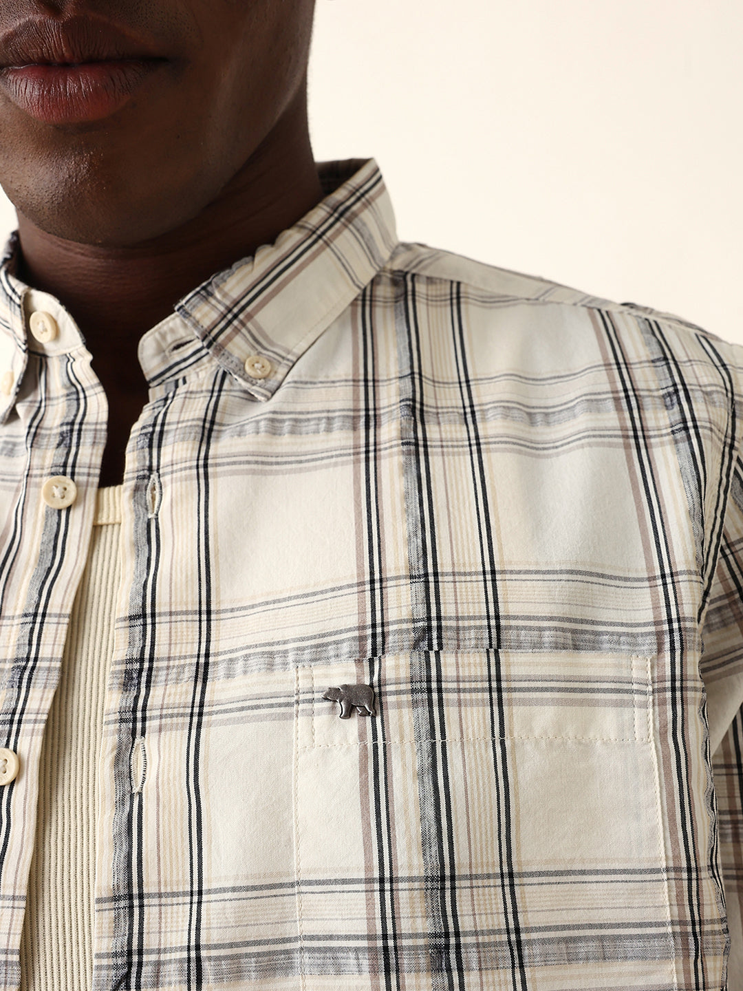 Men Cream Checked Shirt