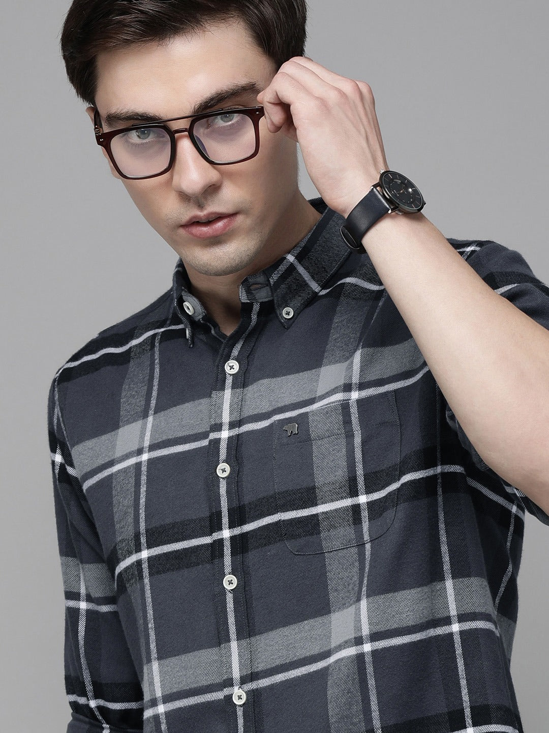 Men Grey Cotton Checked  Shirt