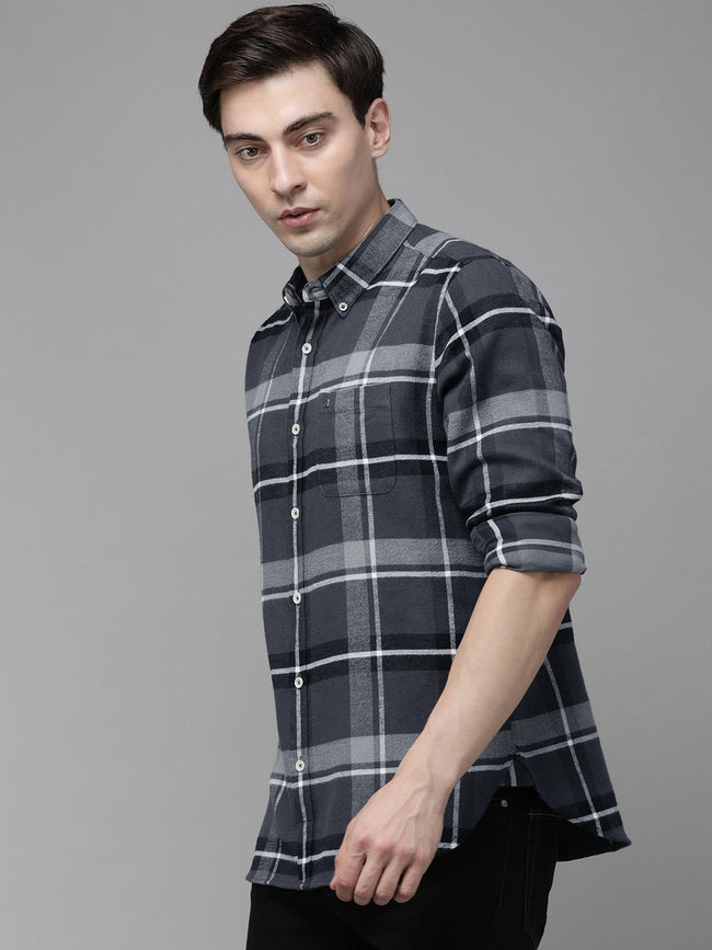 Men Grey Cotton Checked  Shirt