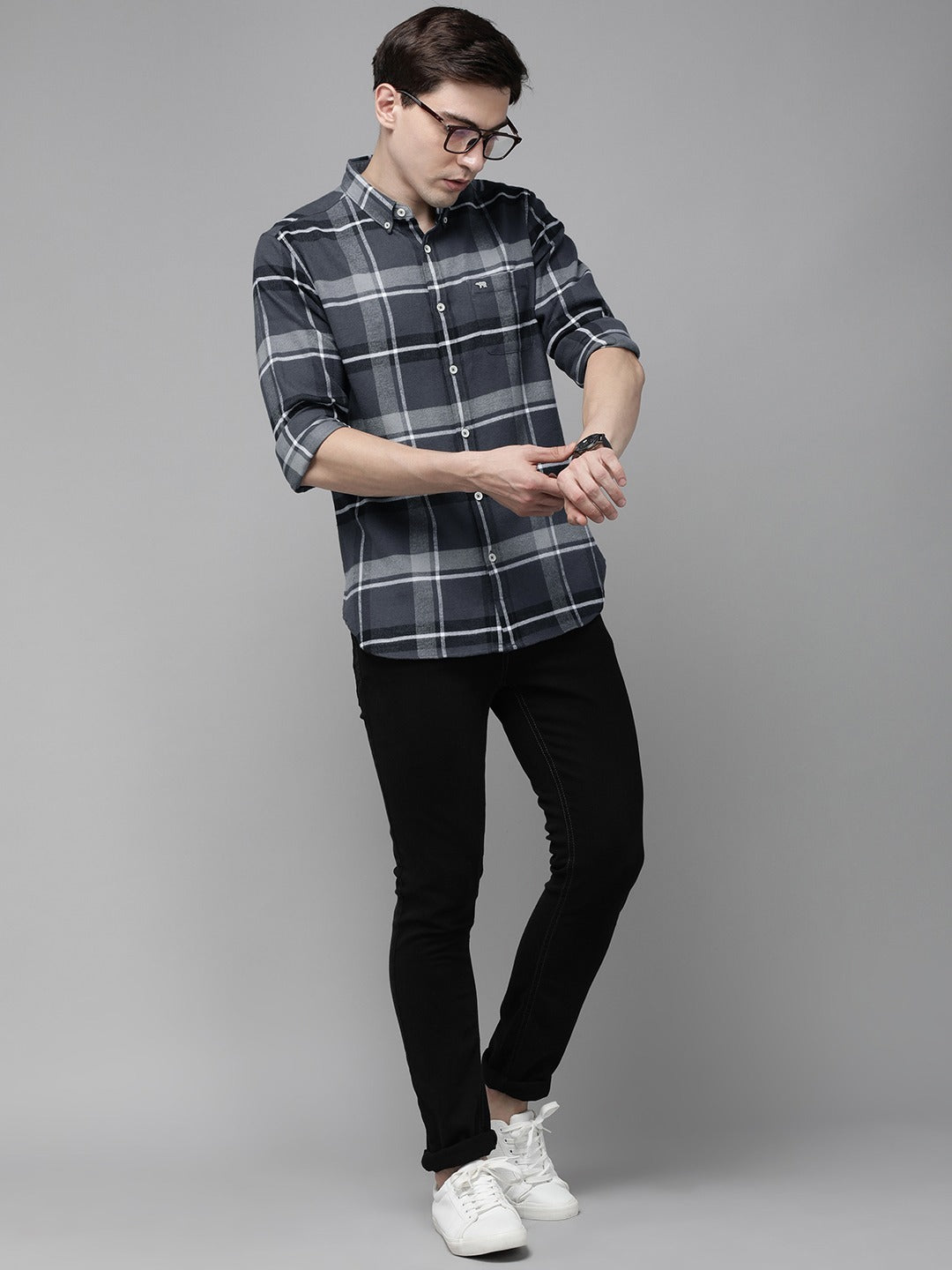 Men Grey Cotton Checked  Shirt