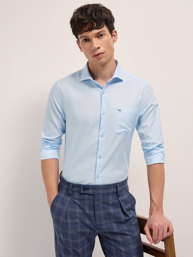 Men Light Blue Woven Pattern Cotton Tailored Fit Formal Shirt