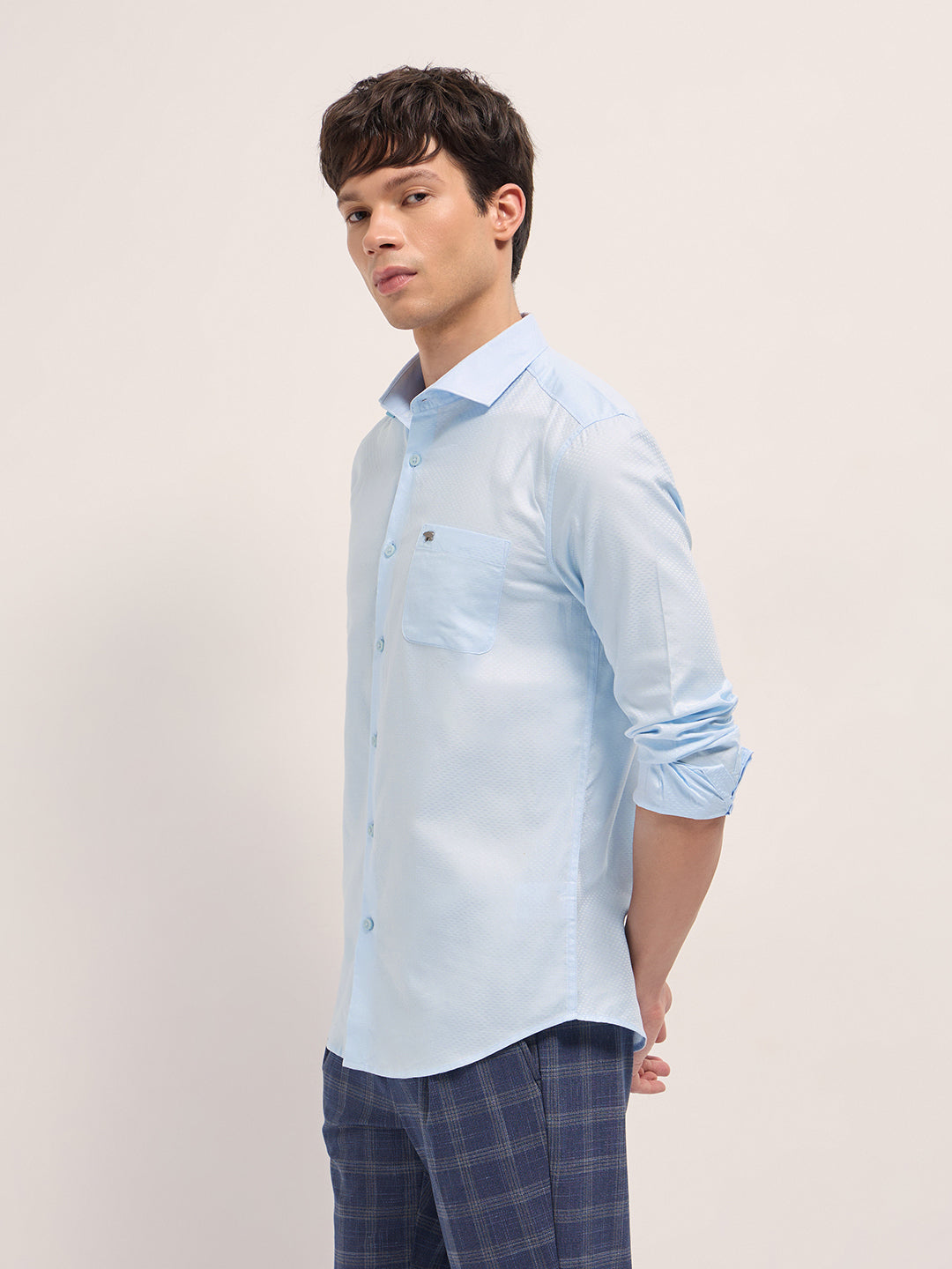 Men Light Blue Woven Pattern Cotton Tailored Fit Formal Shirt
