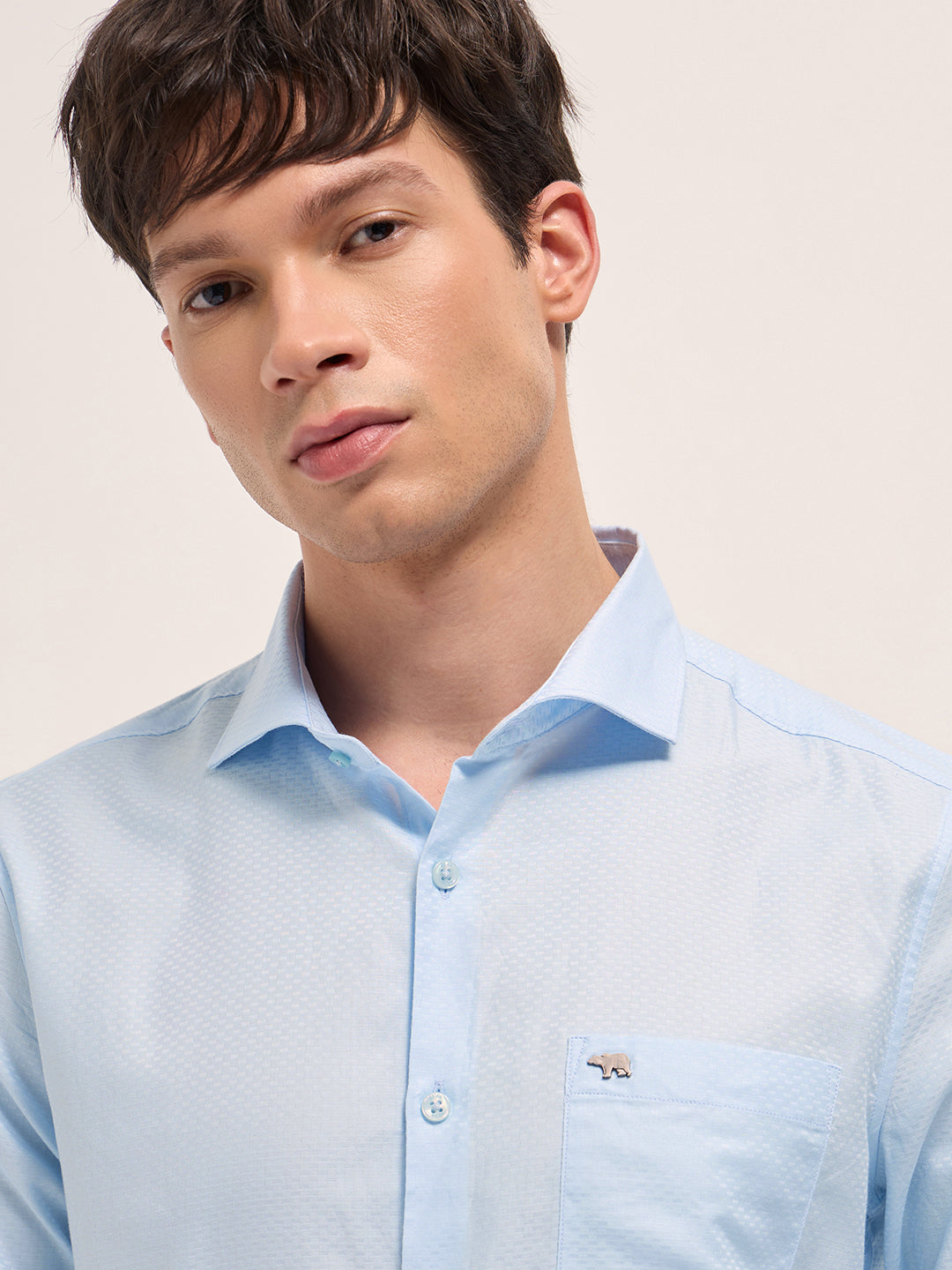 Men Light Blue Woven Pattern Cotton Tailored Fit Formal Shirt
