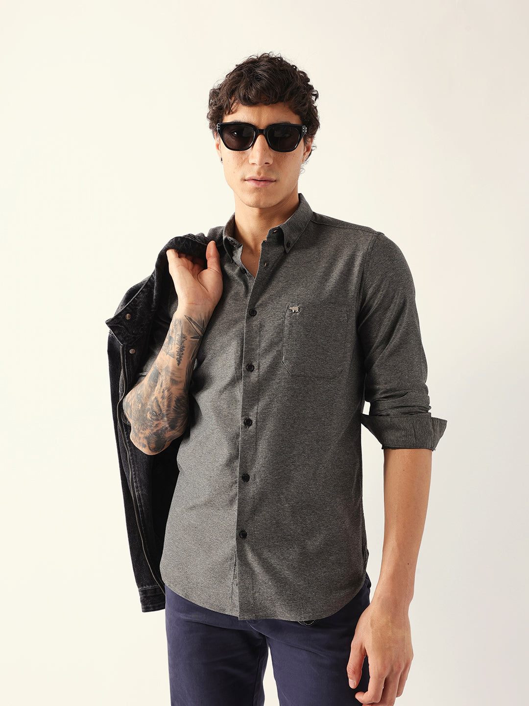 Men Black Cotton Solid Shirt