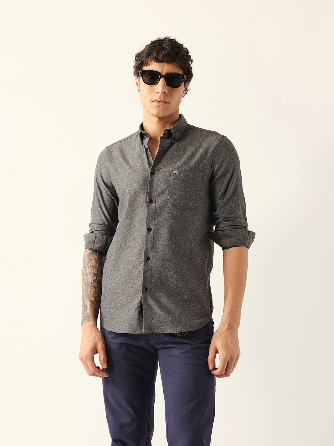 Men Black Cotton Solid Shirt