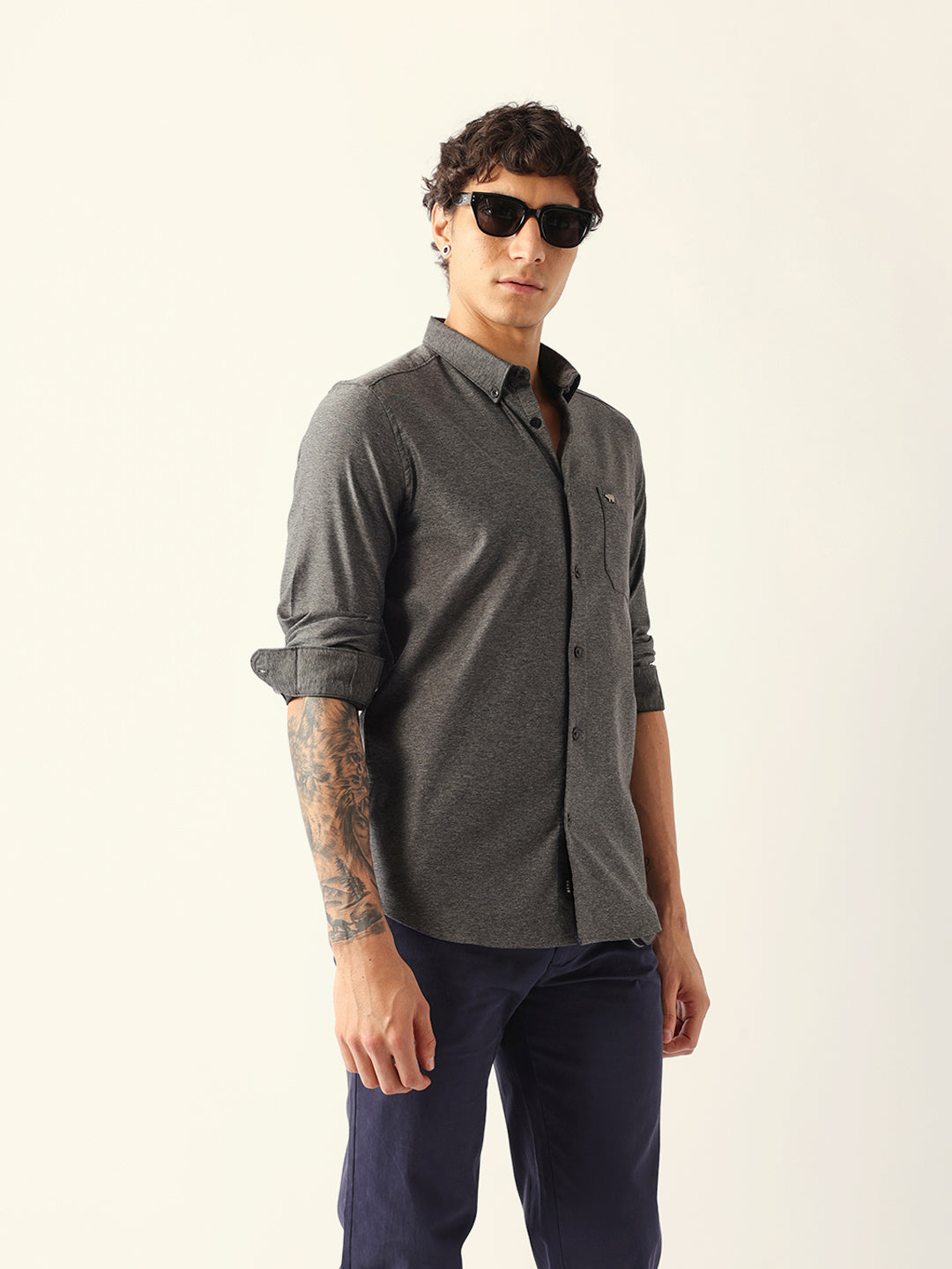 Men Black Cotton Solid Shirt