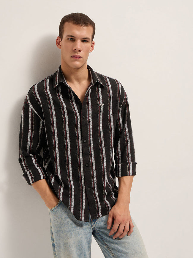 Men Black Woven Vertical Stripe Design Relax Fit Overshirt