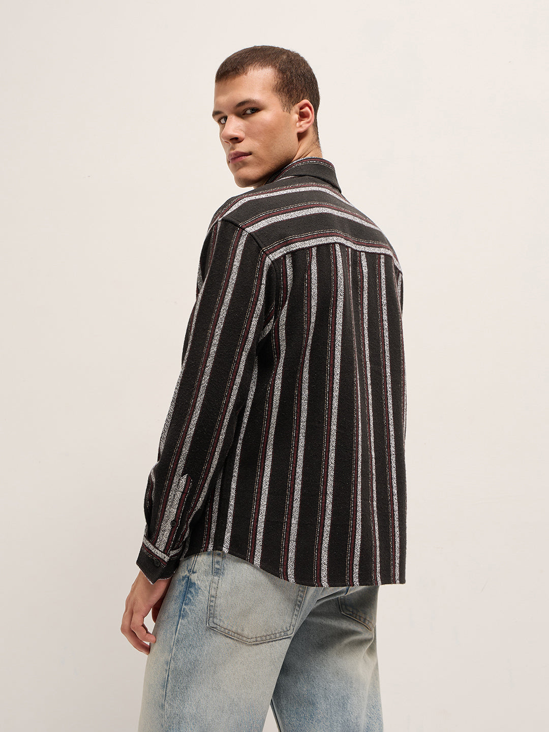 Men Black Woven Vertical Stripe Design Relax Fit Overshirt