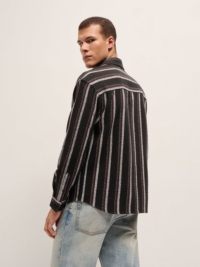 Men Black Woven Vertical Stripe Design Relax Fit Overshirt