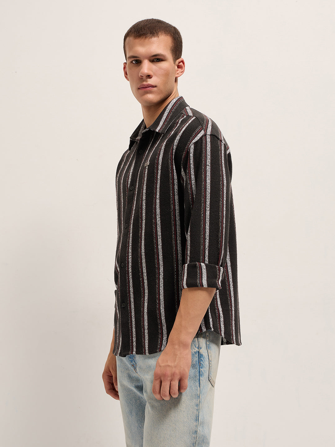Men Black Woven Vertical Stripe Design Relax Fit Overshirt