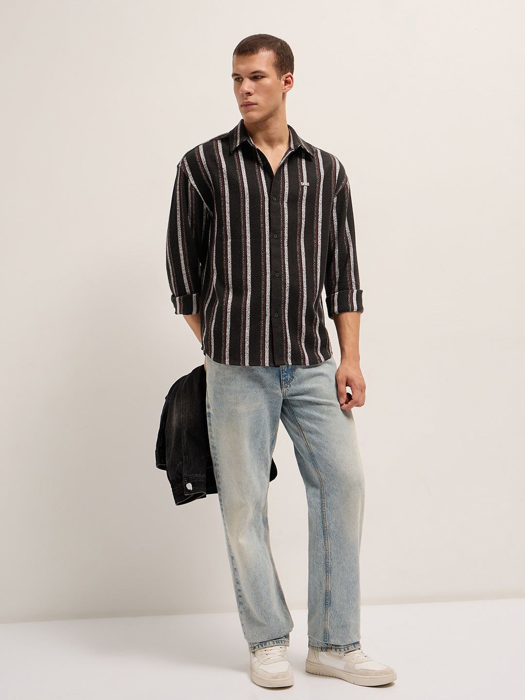 Men Black Woven Vertical Stripe Design Relax Fit Overshirt