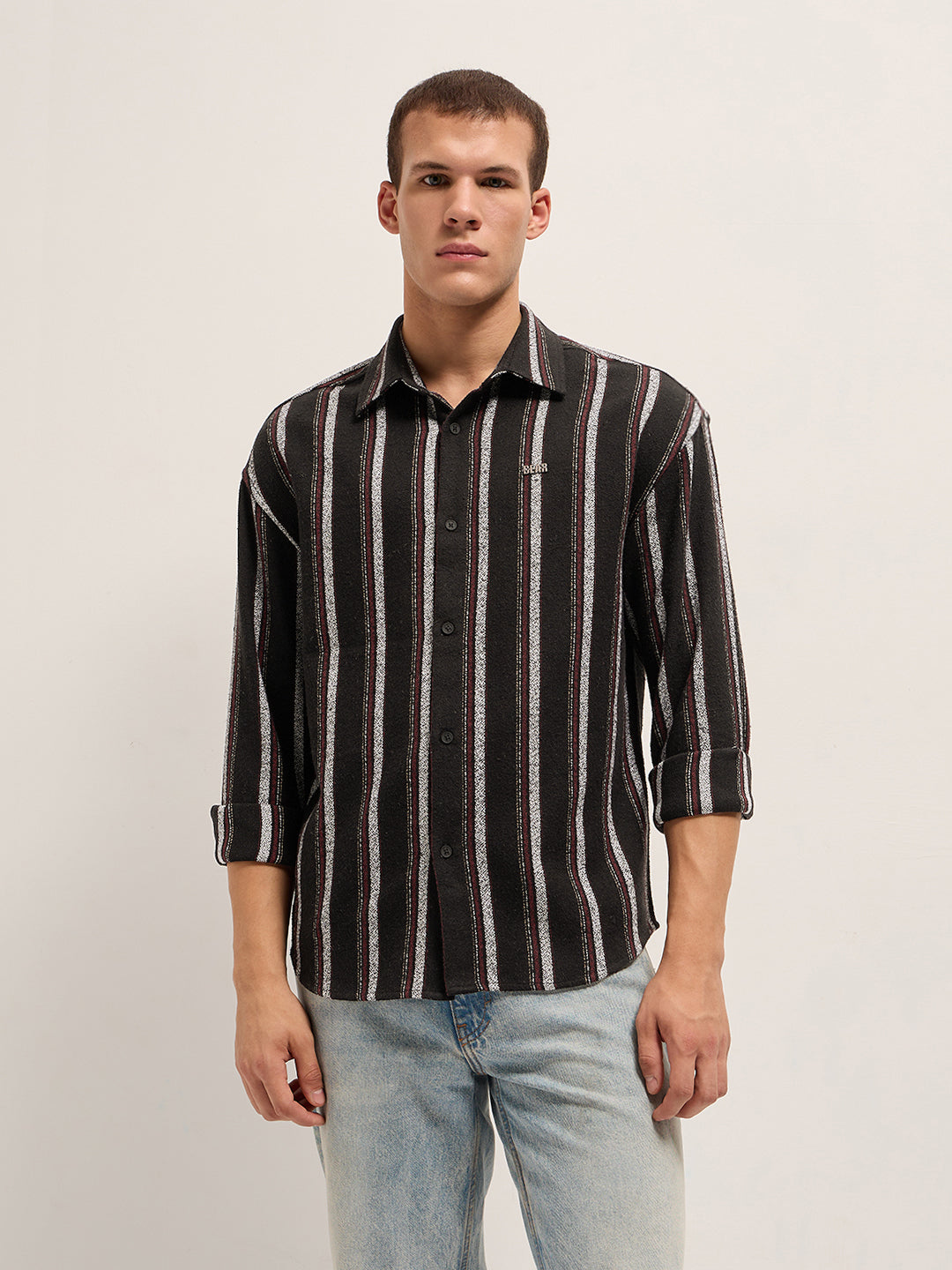 Men Black Woven Vertical Stripe Design Relax Fit Overshirt