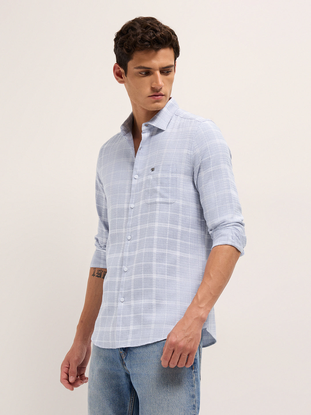 Men Cotton Herringbone Checked Shirt