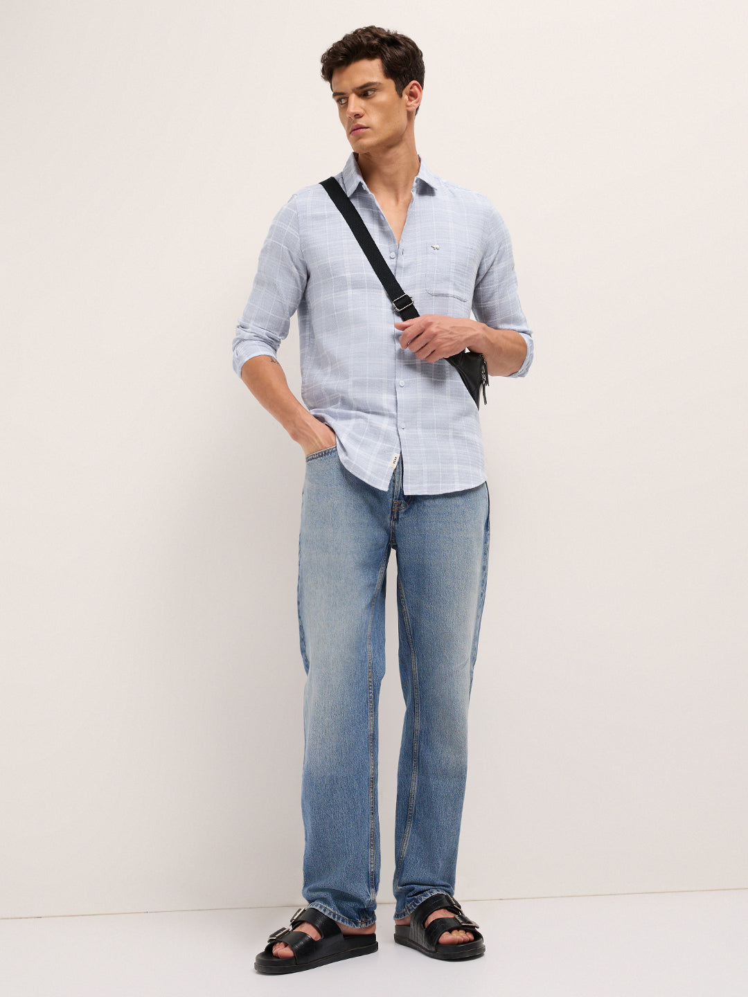 Men Cotton Herringbone Checked Shirt