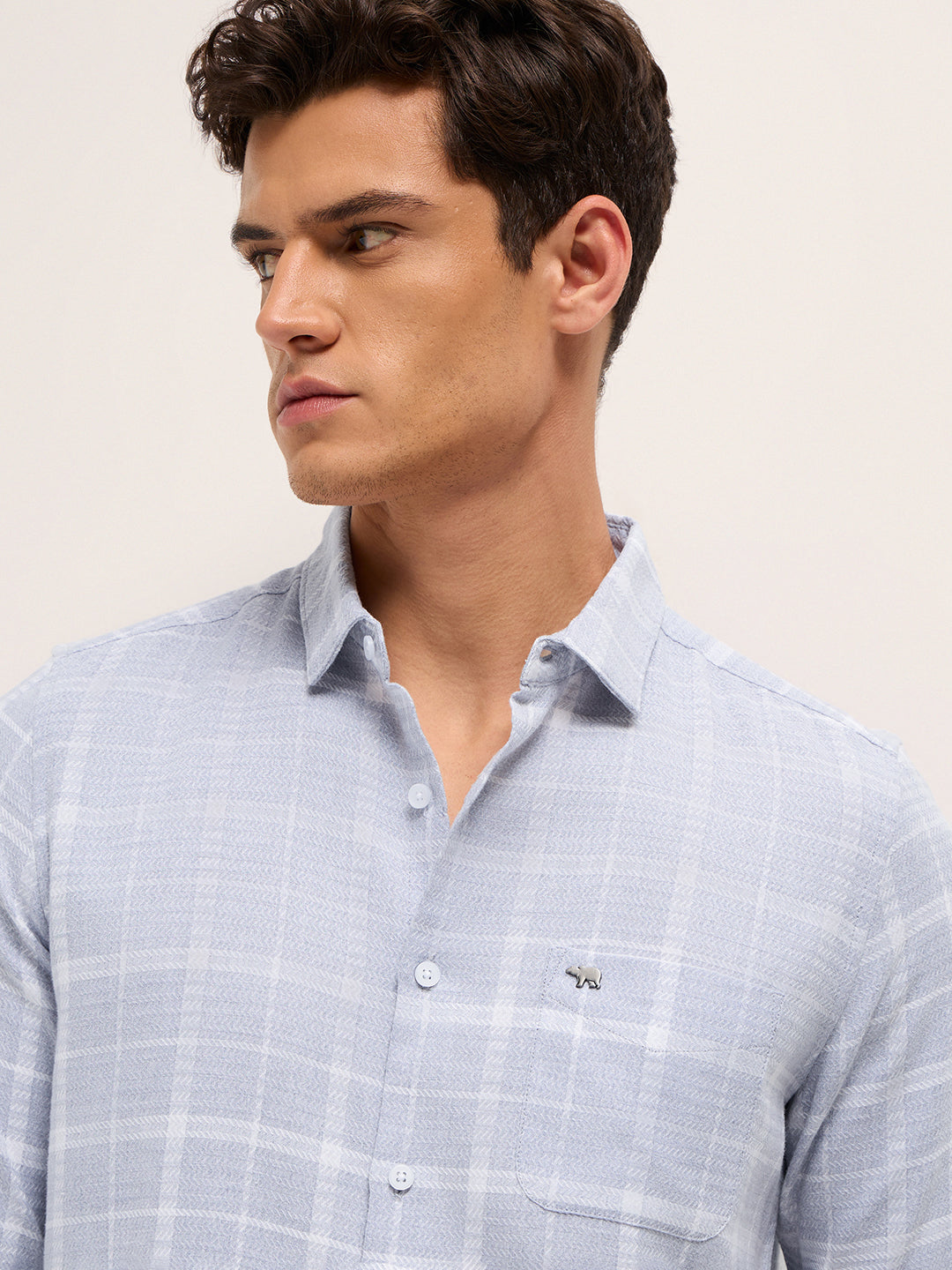 Men Cotton Herringbone Checked Shirt