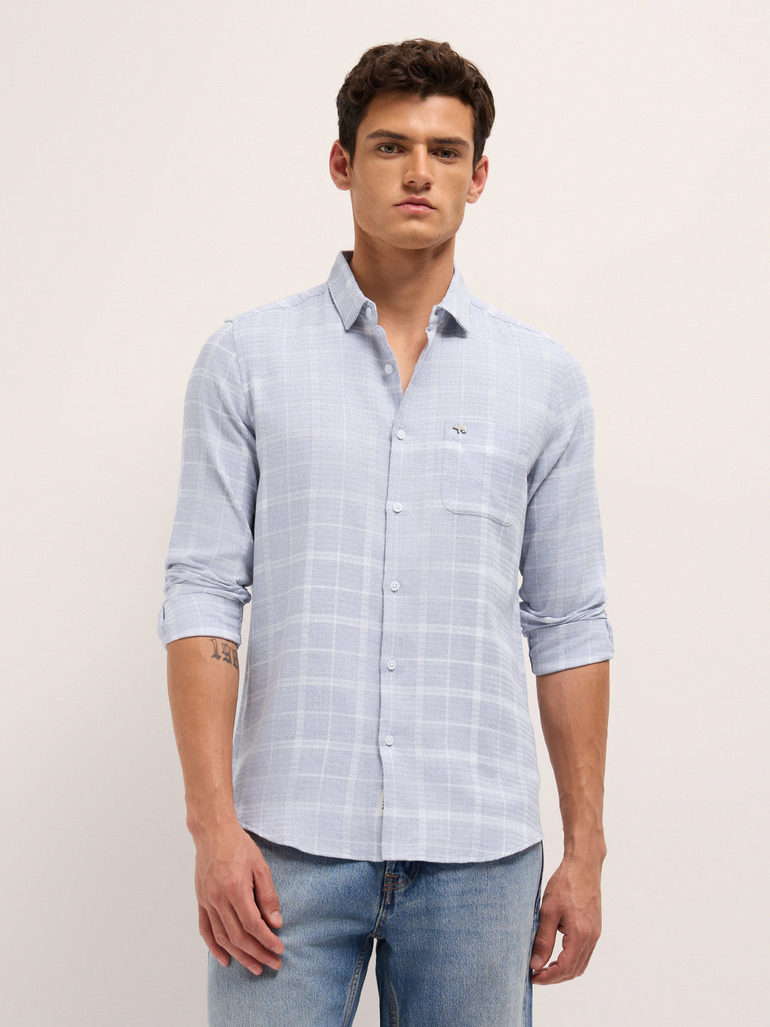 Men Cotton Herringbone Checked Shirt