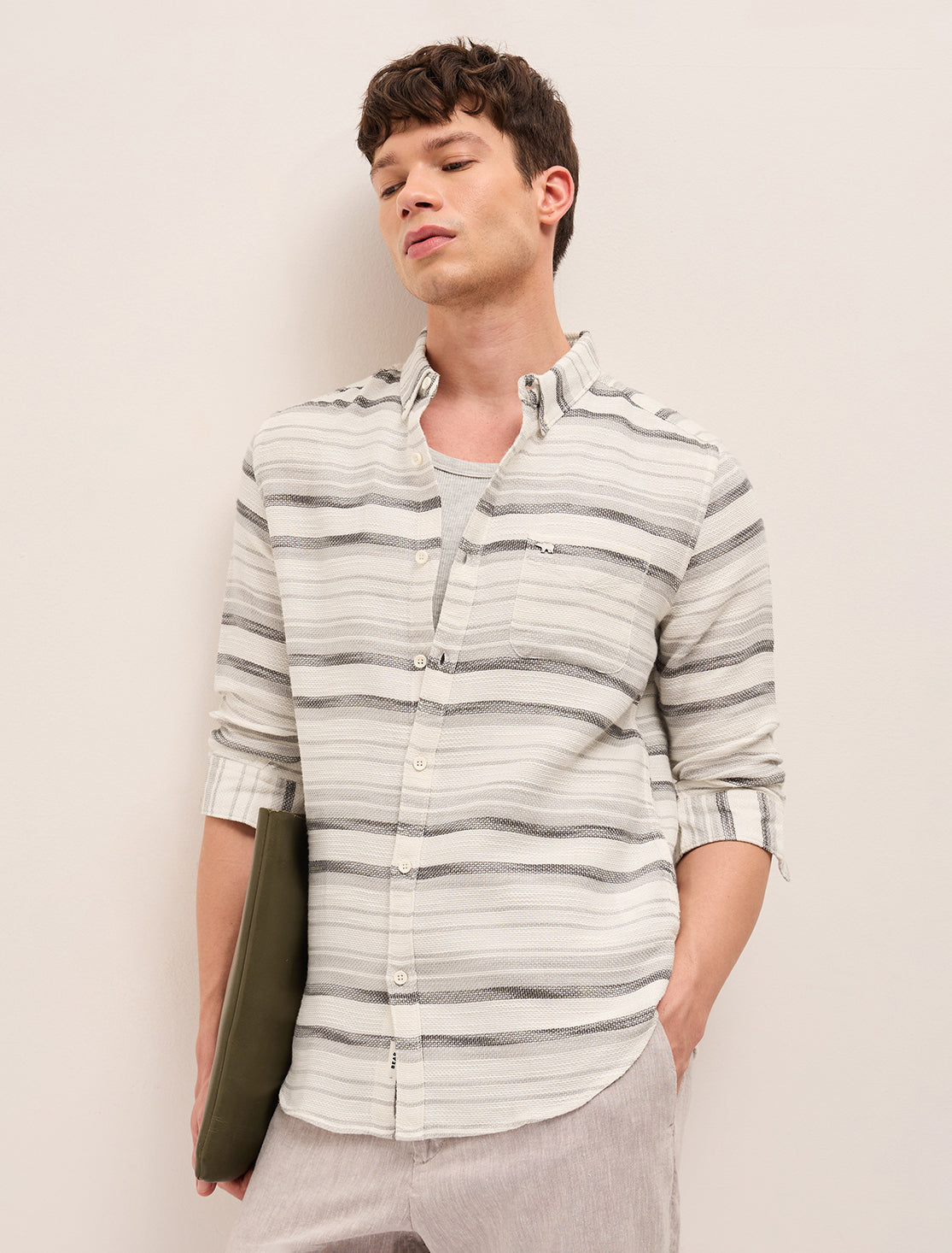Men Grey Cotton Striped Shirt