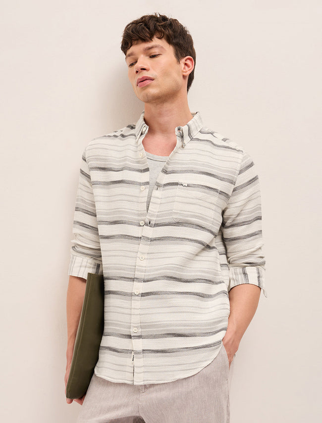 Men Grey Cotton Striped Shirt