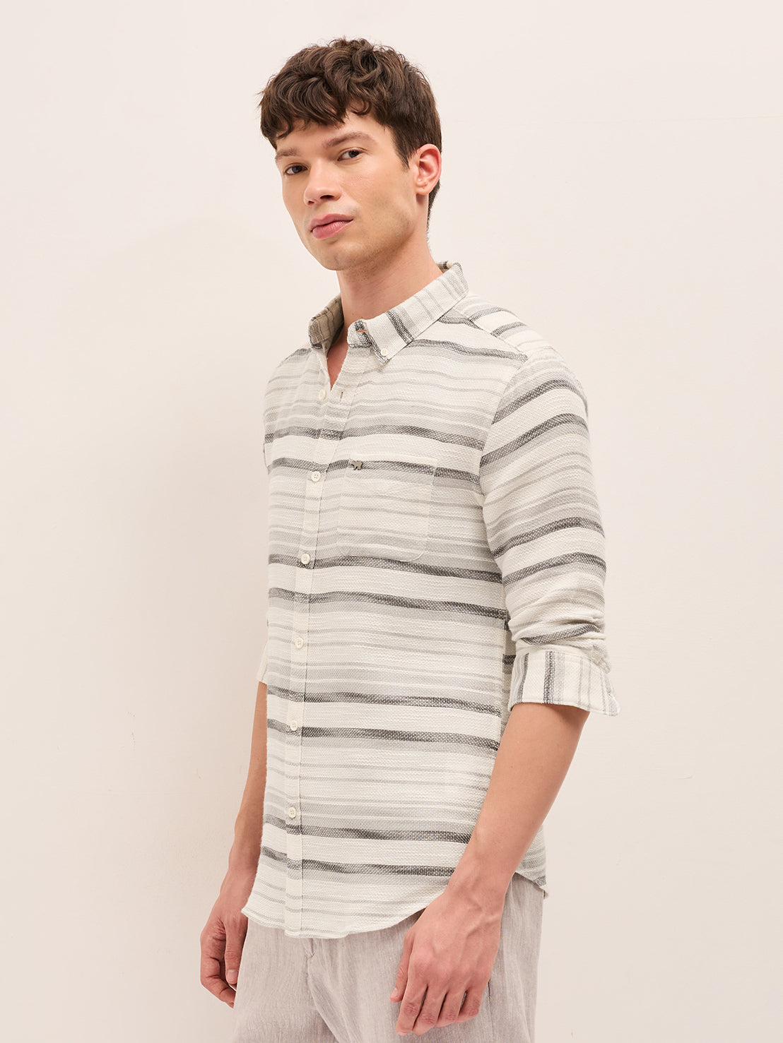 Men Grey Cotton Striped Shirt