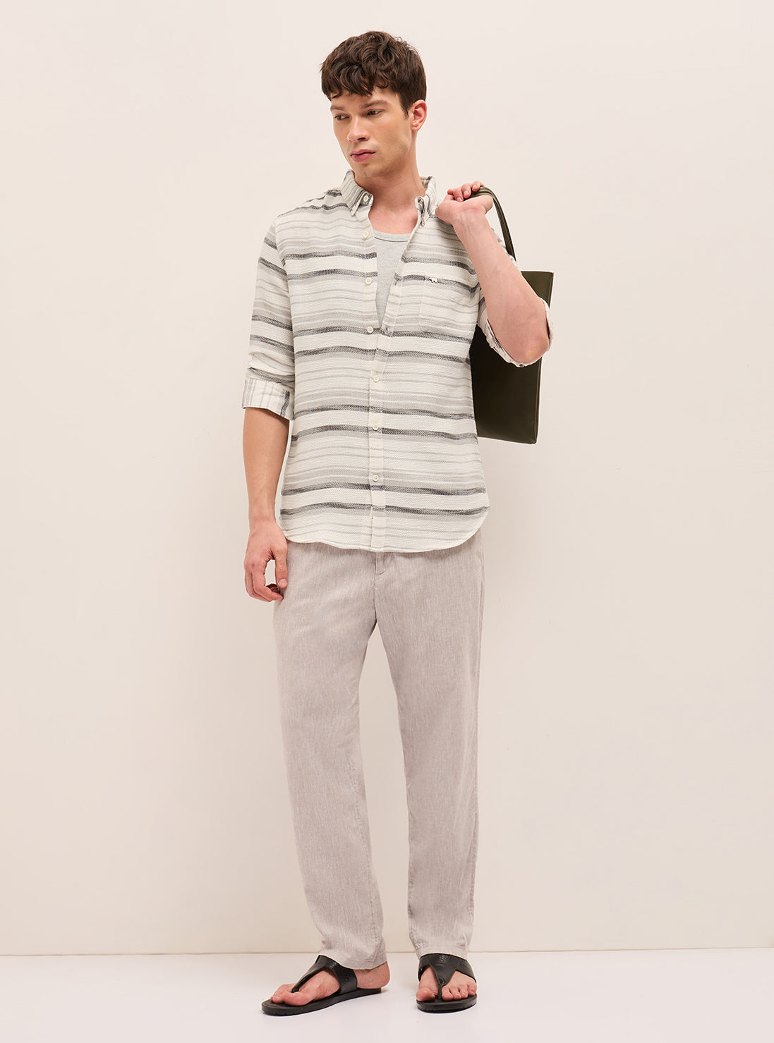 Men Grey Cotton Striped Shirt