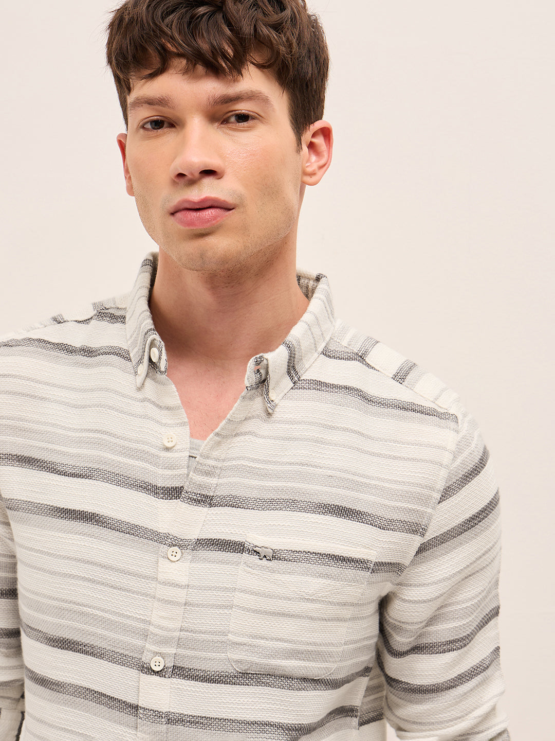 Men Grey Cotton Striped Shirt