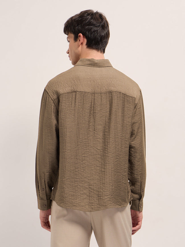 Men Brown Crinkled Stripe Textured Relaxed Fit Long Sleeve Shirt
