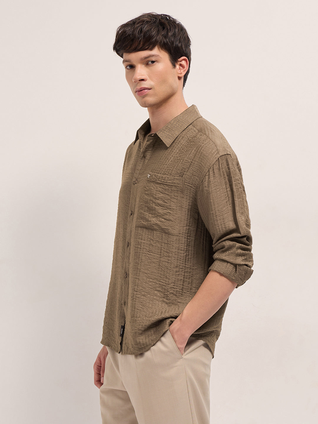 Men Brown Crinkled Stripe Textured Relaxed Fit Long Sleeve Shirt