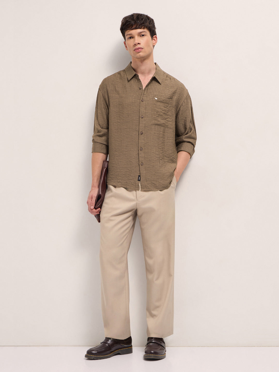 Men Brown Crinkled Stripe Textured Relaxed Fit Long Sleeve Shirt