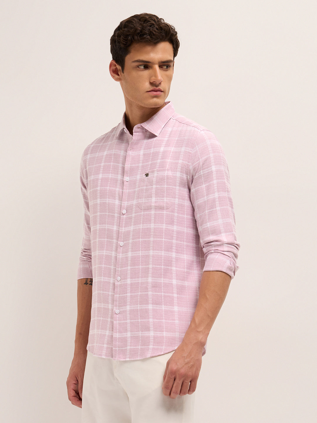 Men Cotton Herringbone Checked Shirt
