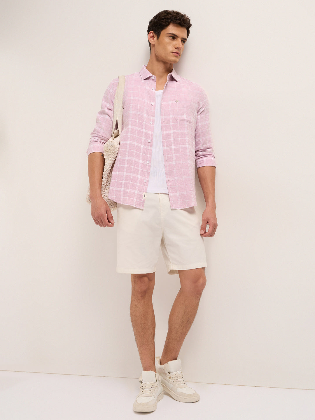 Men Cotton Herringbone Checked Shirt