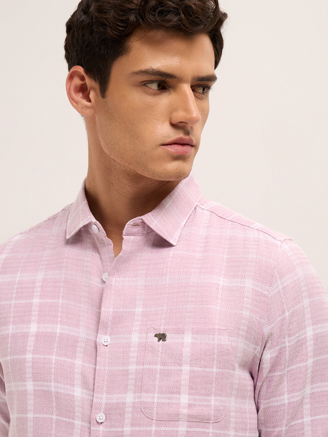 Men Cotton Herringbone Checked Shirt