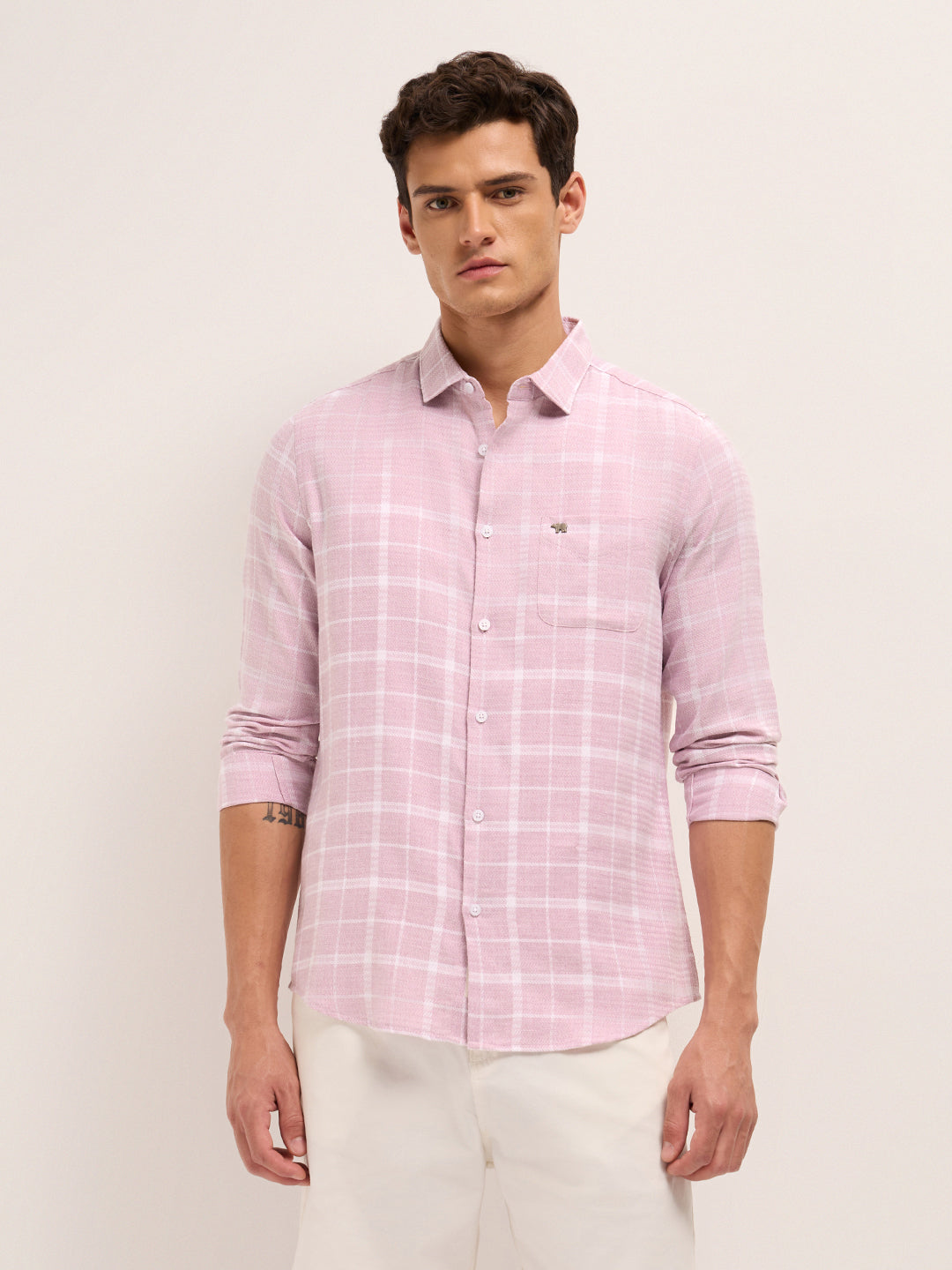 Men Cotton Herringbone Checked Shirt