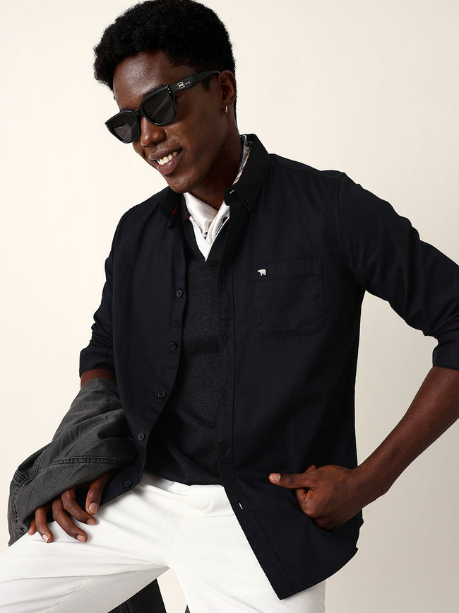 Men Black Cotton Solid Shirt