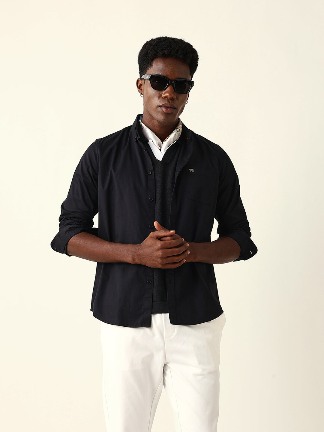 Men Black Cotton Solid Shirt