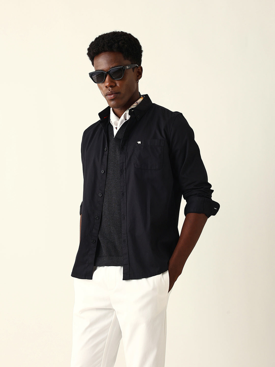 Men Black Cotton Solid Shirt