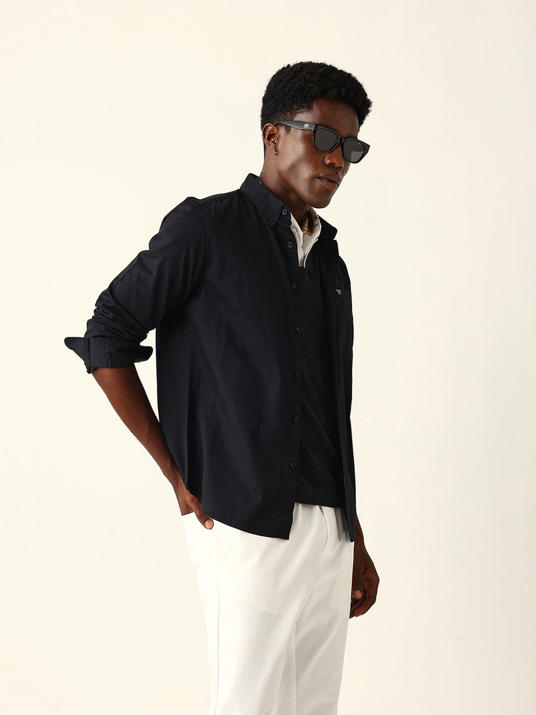 Men Black Cotton Solid Shirt