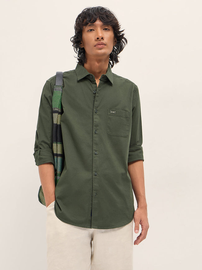 Men Olive Slim Fit Solid Cotton Casual Shirt