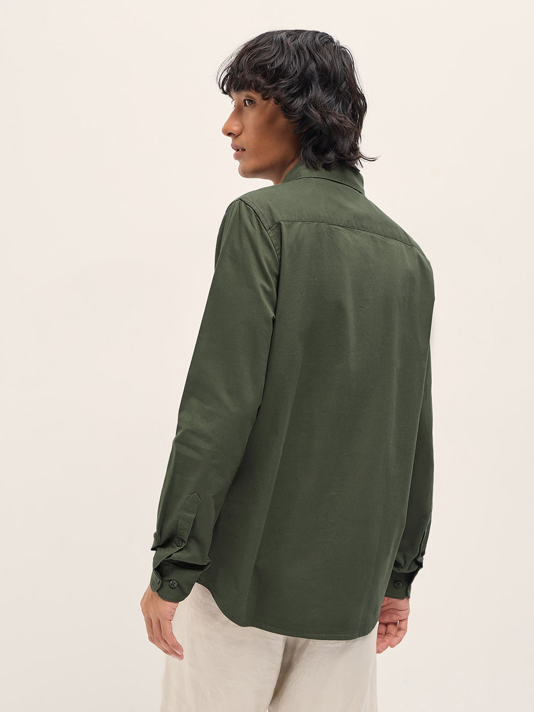 Men Olive Slim Fit Solid Cotton Casual Shirt