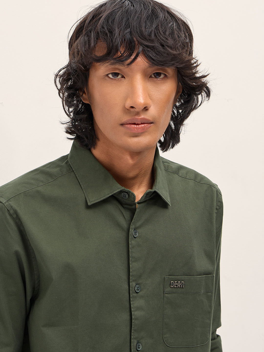 Men Olive Slim Fit Solid Cotton Casual Shirt