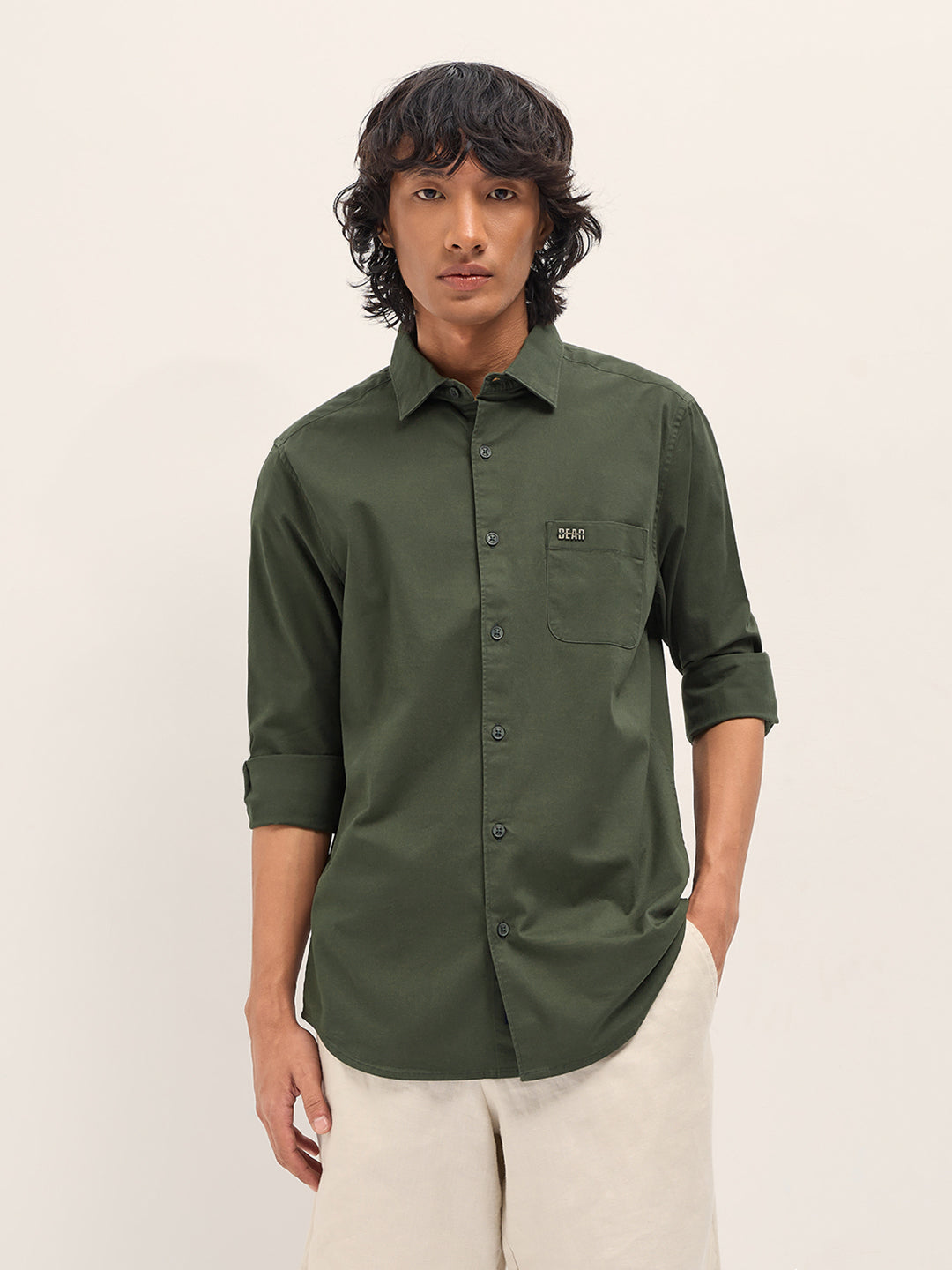 Men Olive Slim Fit Solid Cotton Casual Shirt