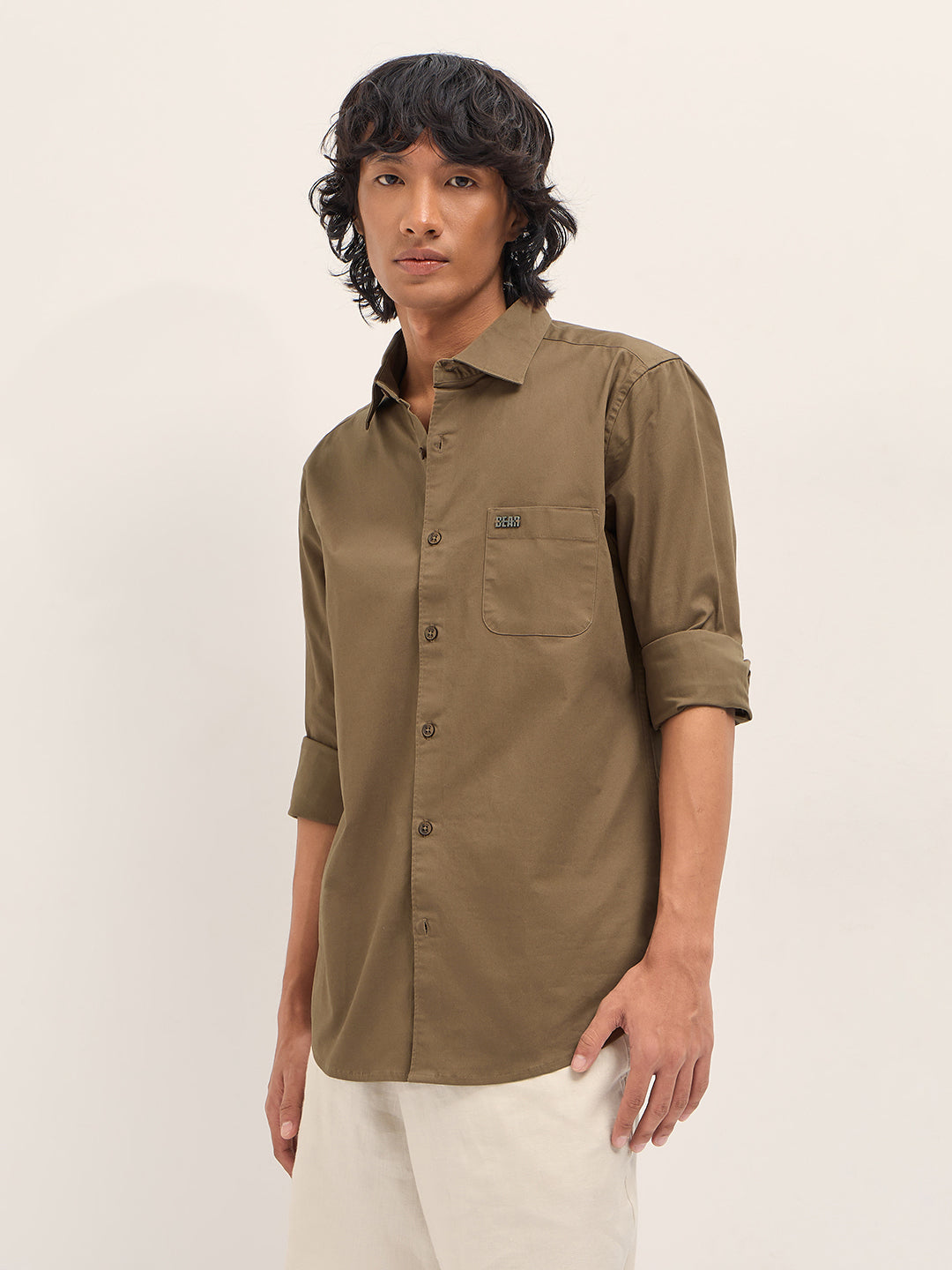 Men Brown Cotton Blend Solid Slim Fit Casual Shirt