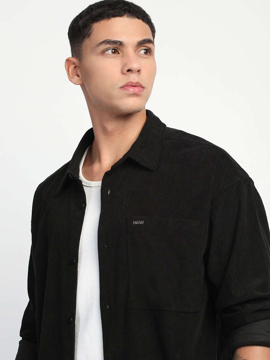 Men Black Corduroy Relax Fit Casual Shirt