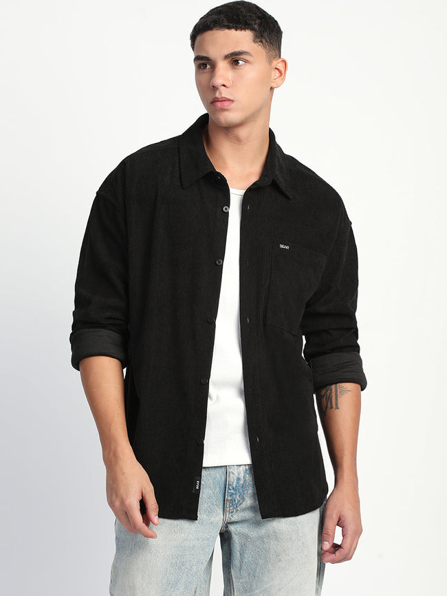 Men Black Corduroy Relax Fit Casual Shirt
