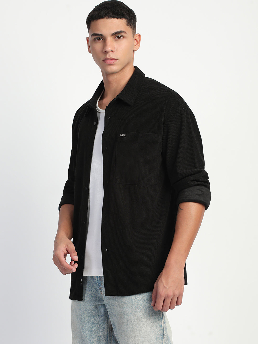 Men Black Corduroy Relax Fit Casual Shirt