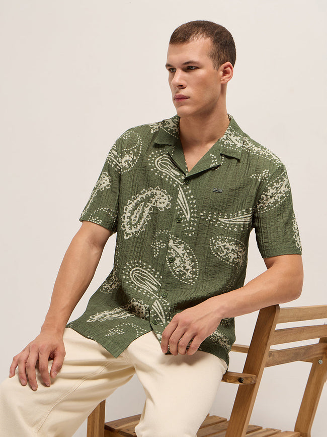 Men Green Viscose Paisley Print Relaxed Fit Cuban Collar Shirt