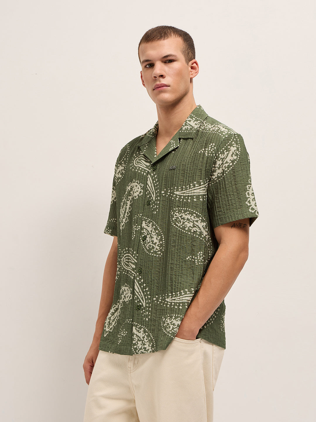 Men Green Viscose Paisley Print Relaxed Fit Cuban Collar Shirt