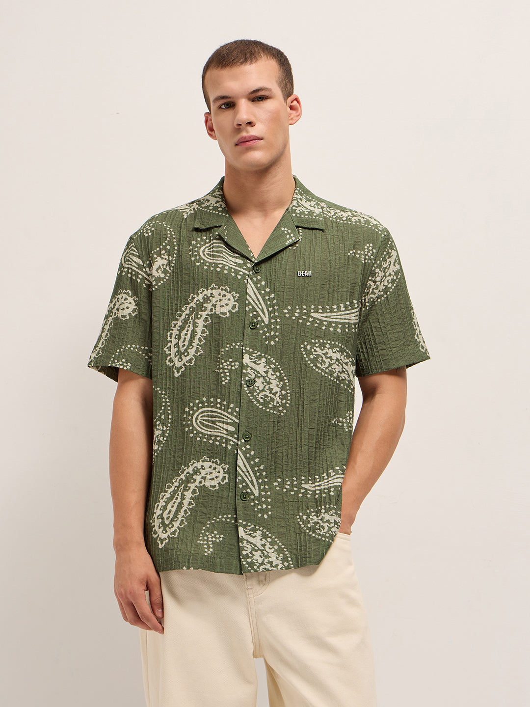 Men Green Viscose Paisley Print Relaxed Fit Cuban Collar Shirt