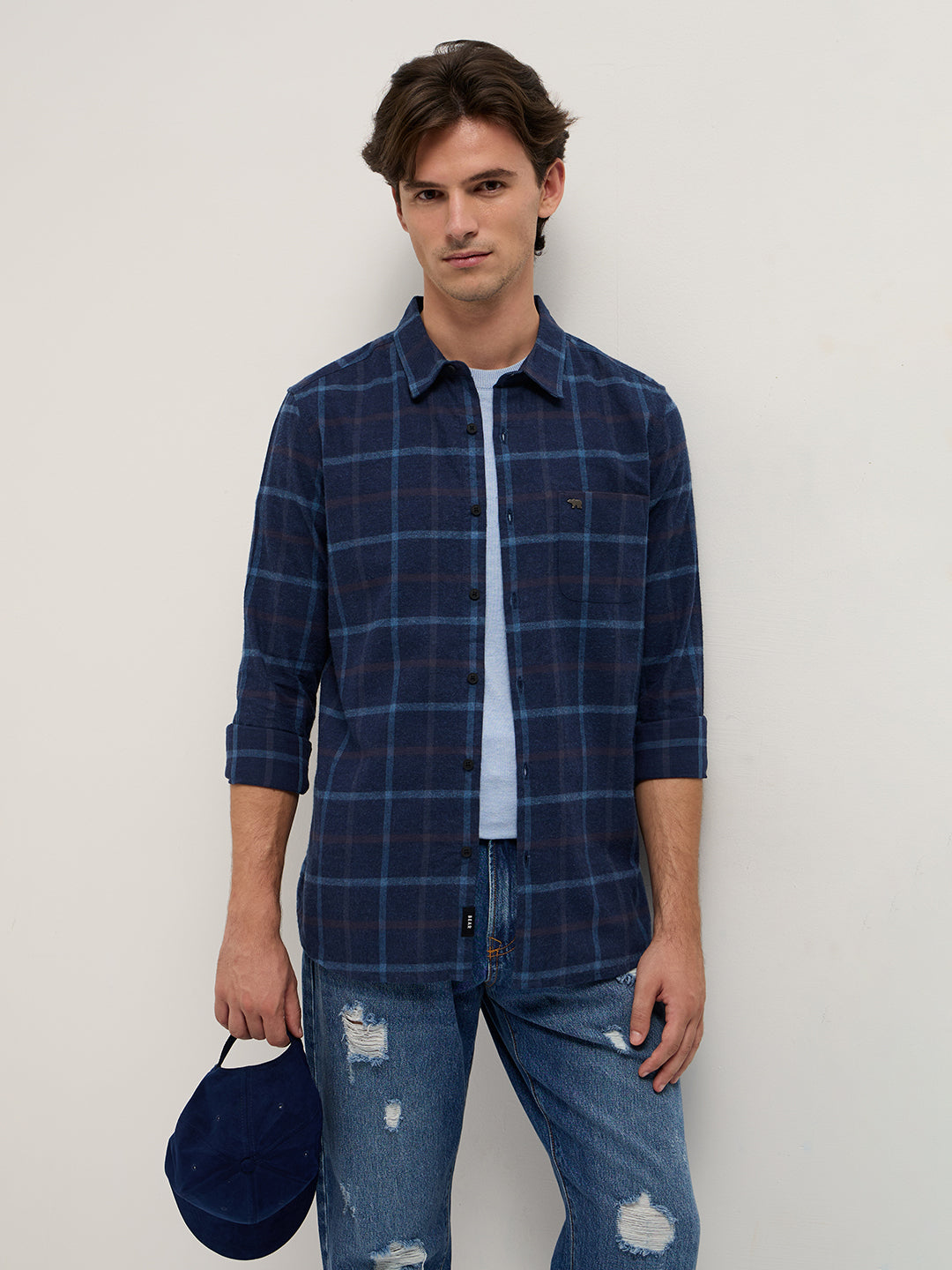 Men Blue Plaid Checks Design Slim Fit Casual Shirt