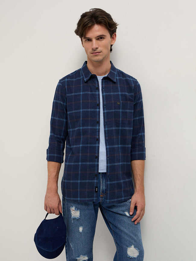 Men Blue Plaid Checks Design Slim Fit Casual Shirt