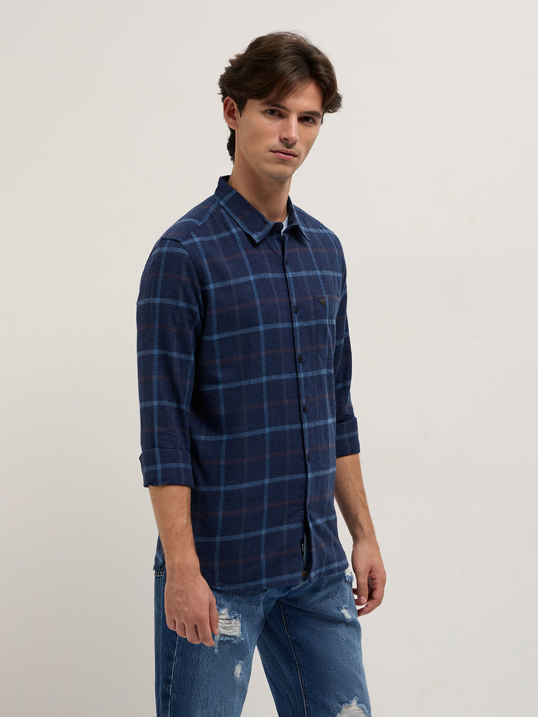 Men Blue Plaid Checks Design Slim Fit Casual Shirt